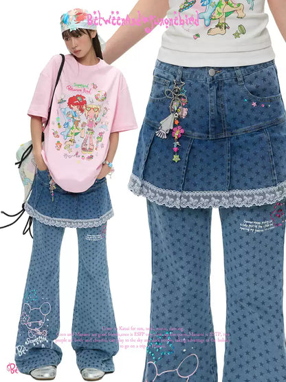 Denim star rhinestone flared skort with glitter two piece design