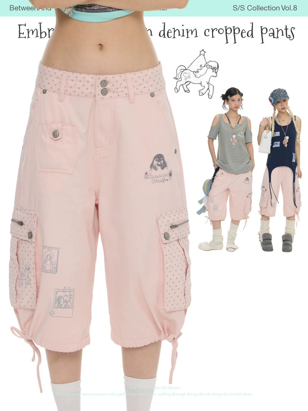 Embroidered lantern denim cropped pants
