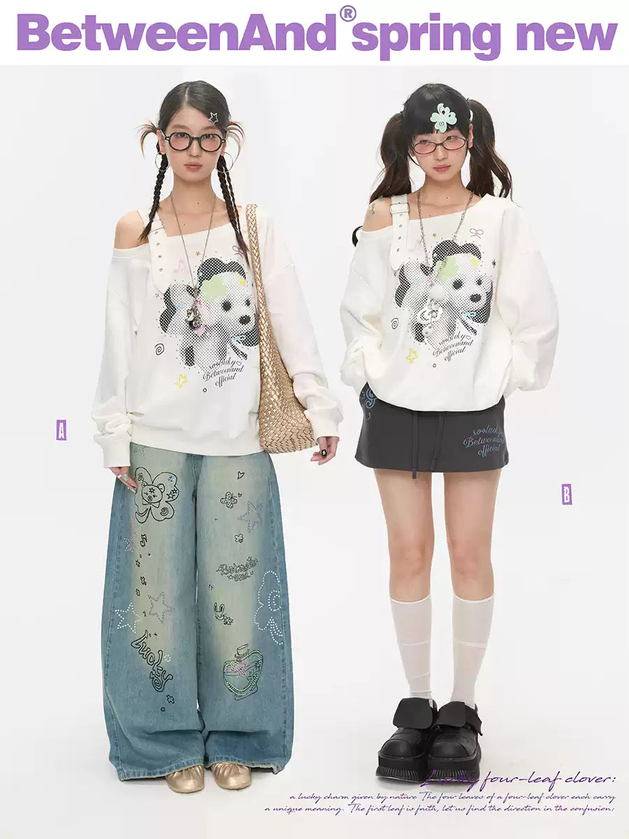 White clover dog off shoulder sweatshirt with adjustable strap design