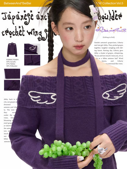 Purple off-shoulder crochet knit sweater with angel-wing detail