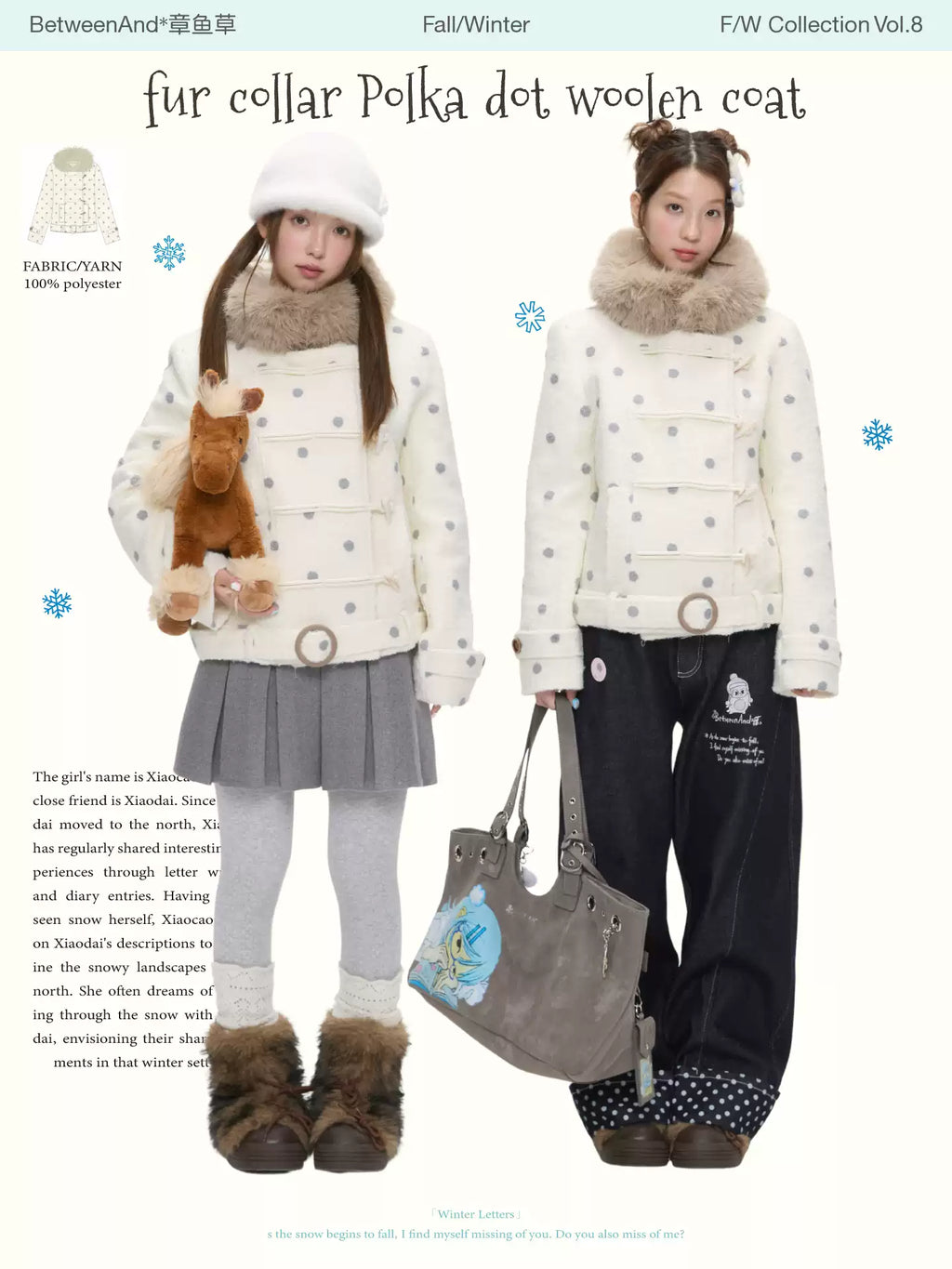 Fur collar Polka dot woolen coat