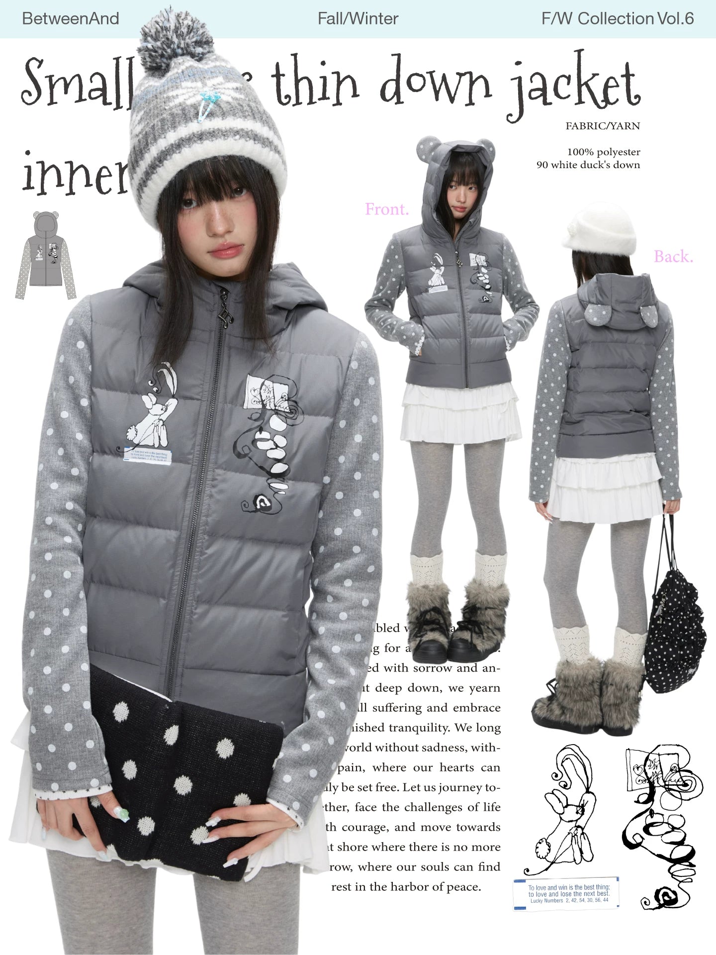 Gray polka-dot lightweight down jacket with bear ear hood