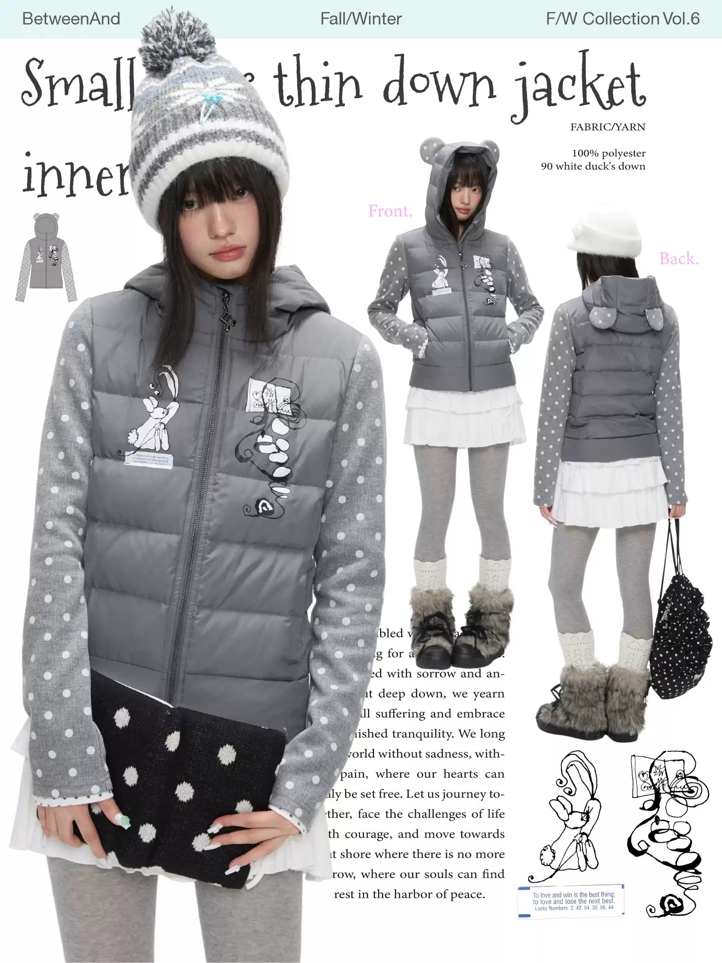 Gray polka-dot lightweight down jacket with bear-ear hood