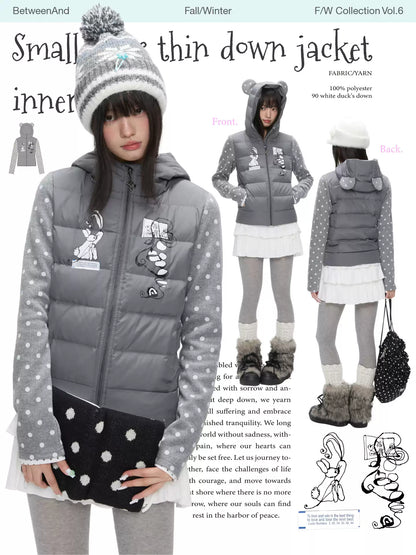 Gray polka-dot lightweight down jacket with bear-ear hood