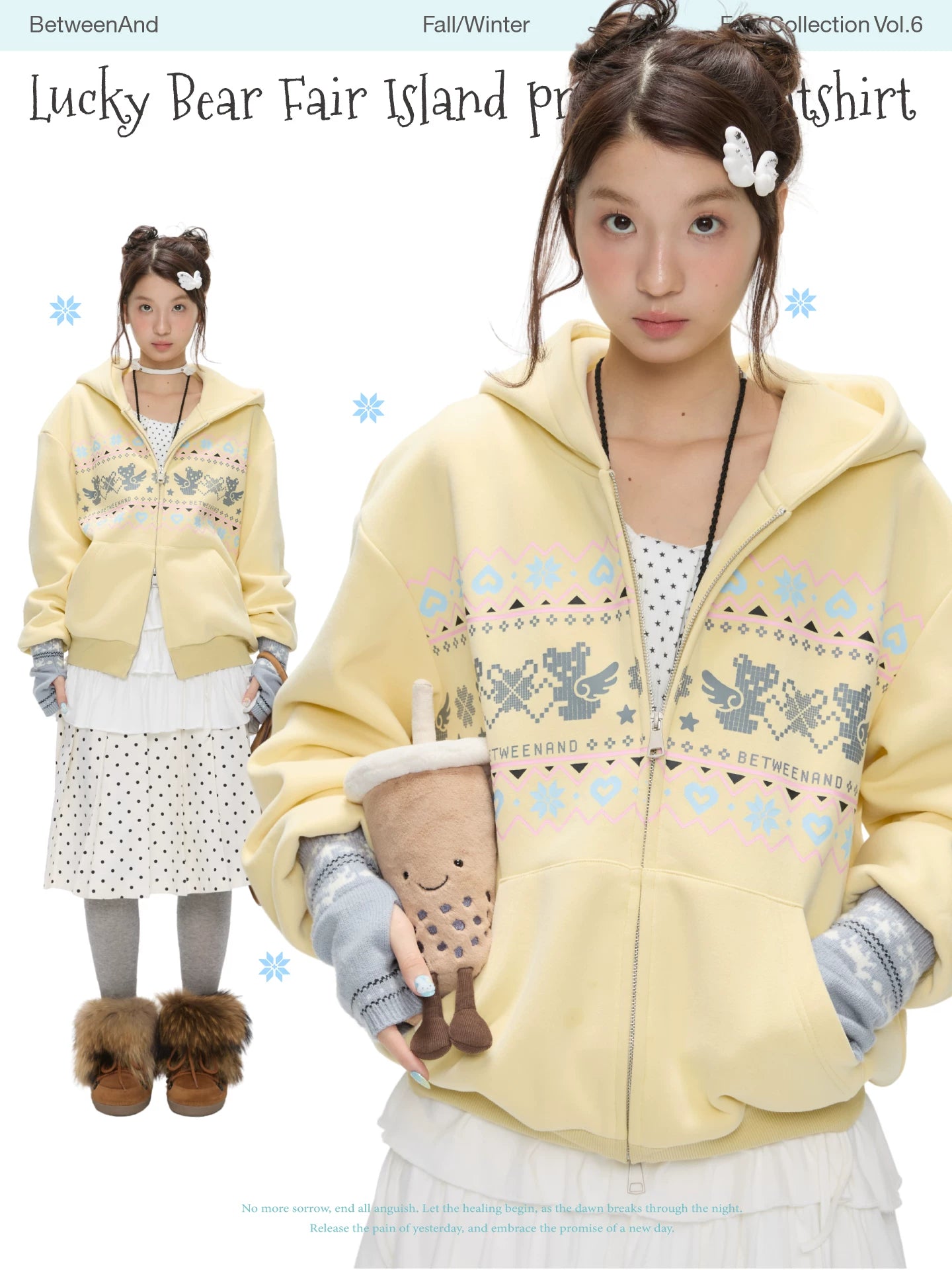 Lucky bear fair island printed sweatshirt hoodie with fleece lining