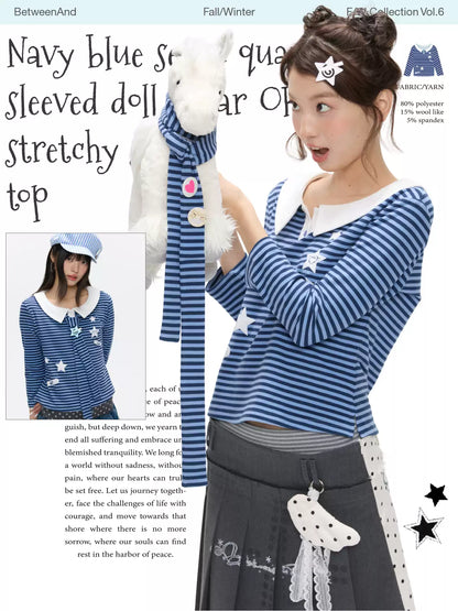 Navy star-pattern puff-sleeve top with peter pan collar