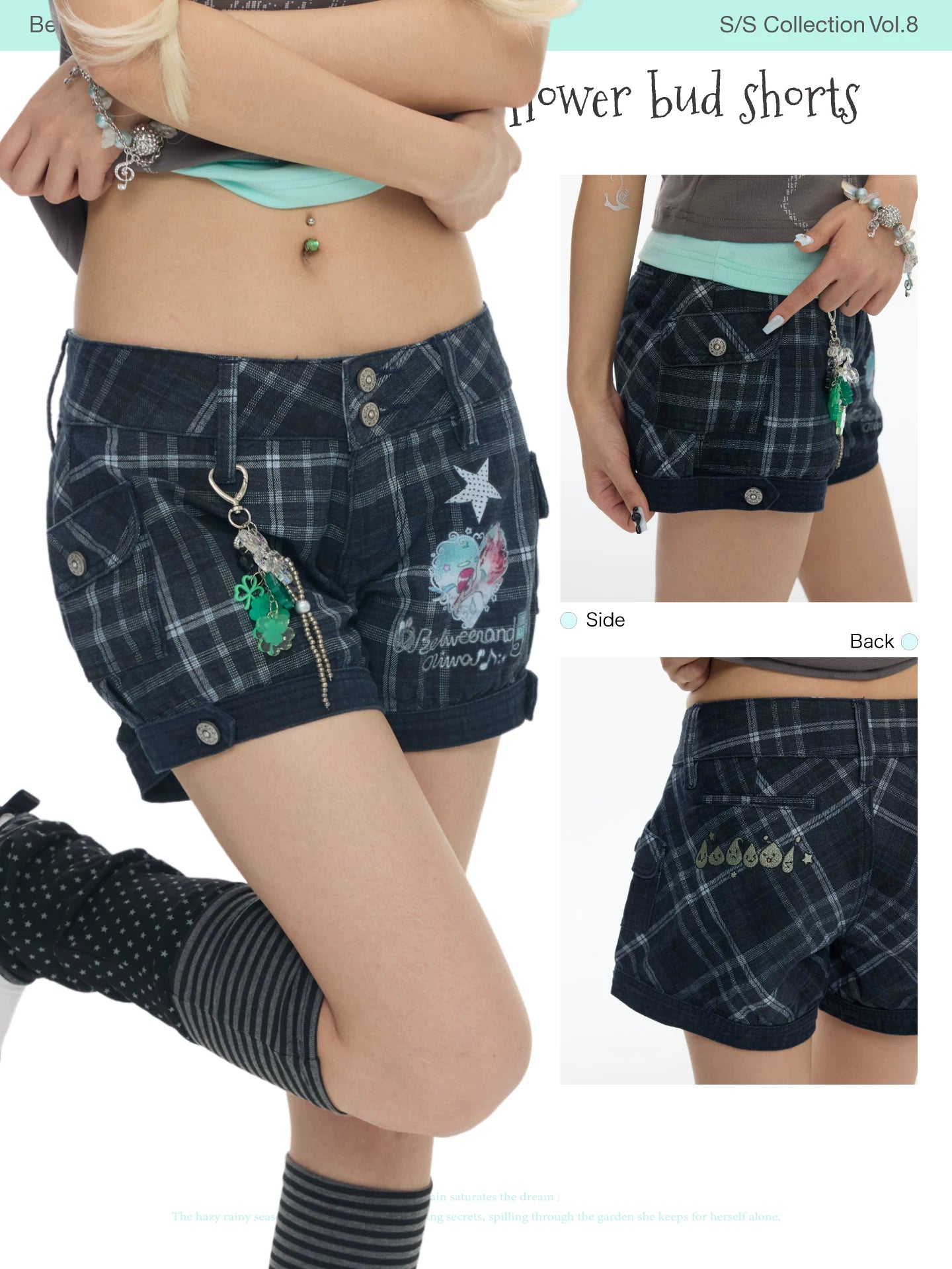 Plaid ancient denim flower bud shorts