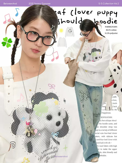 White clover dog off shoulder sweatshirt with adjustable strap design