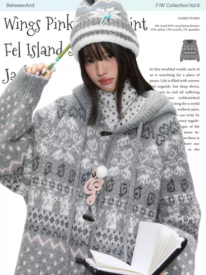 Beige Fair Isle knit cardigan with toggle buttons