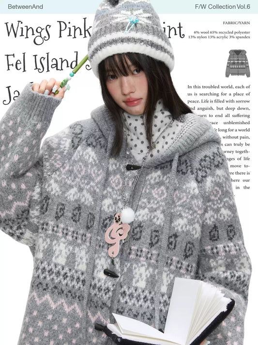 Beige Fair Isle knit cardigan with toggle buttons