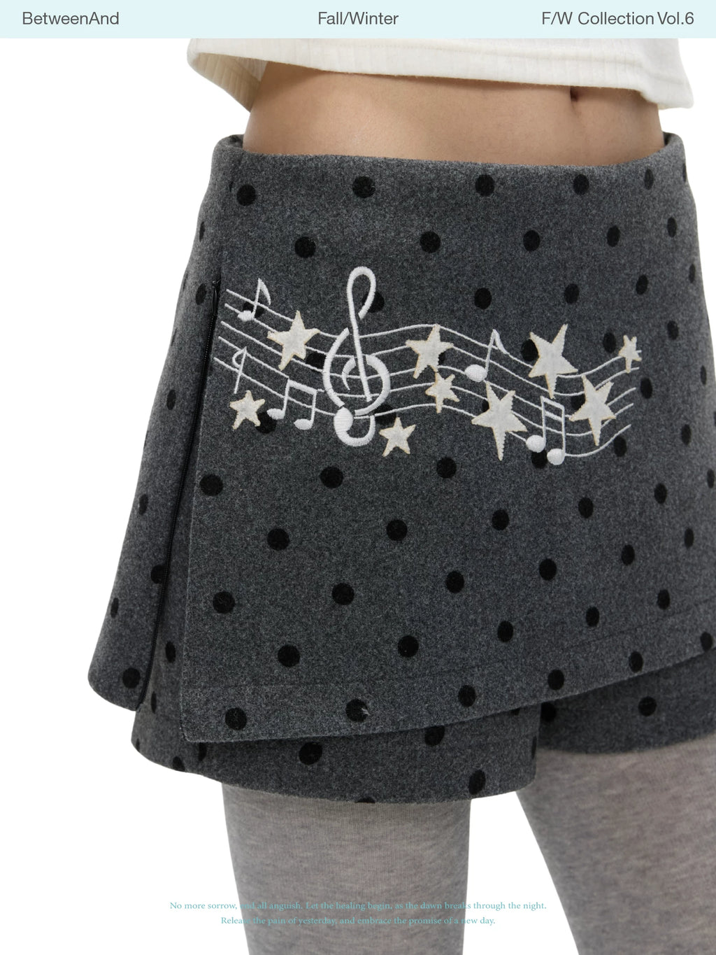 Grey wool skort skirt with music note polka dot design