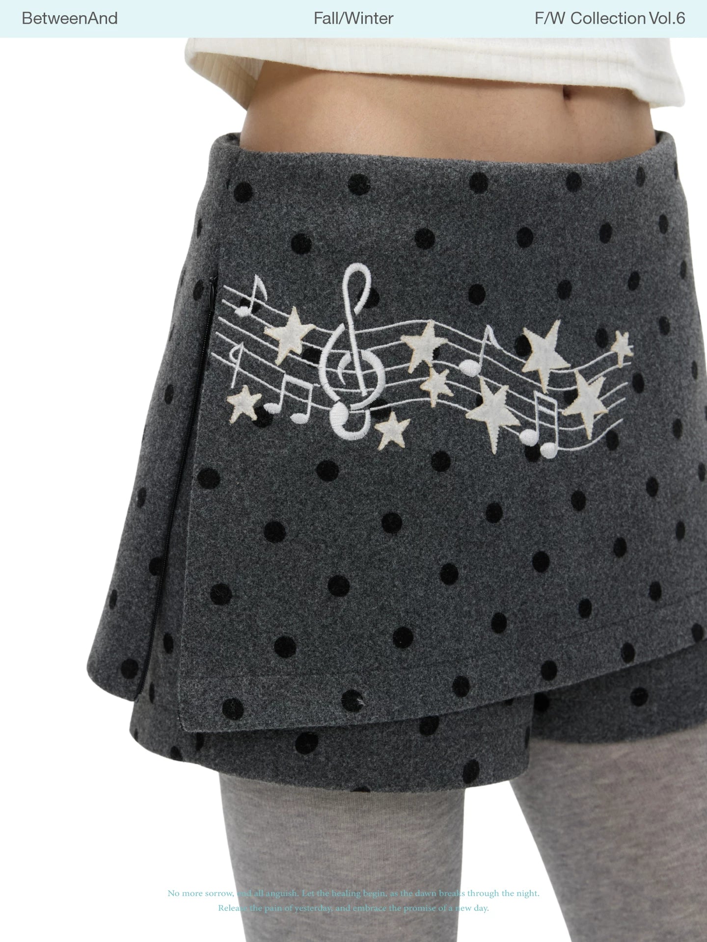 Grey wool skort skirt with music note polka dot design