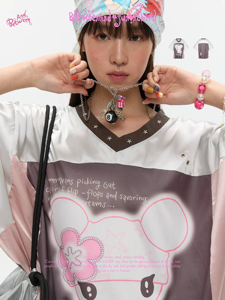 Silver oversized breathable t-shirt with patchwork jersey design