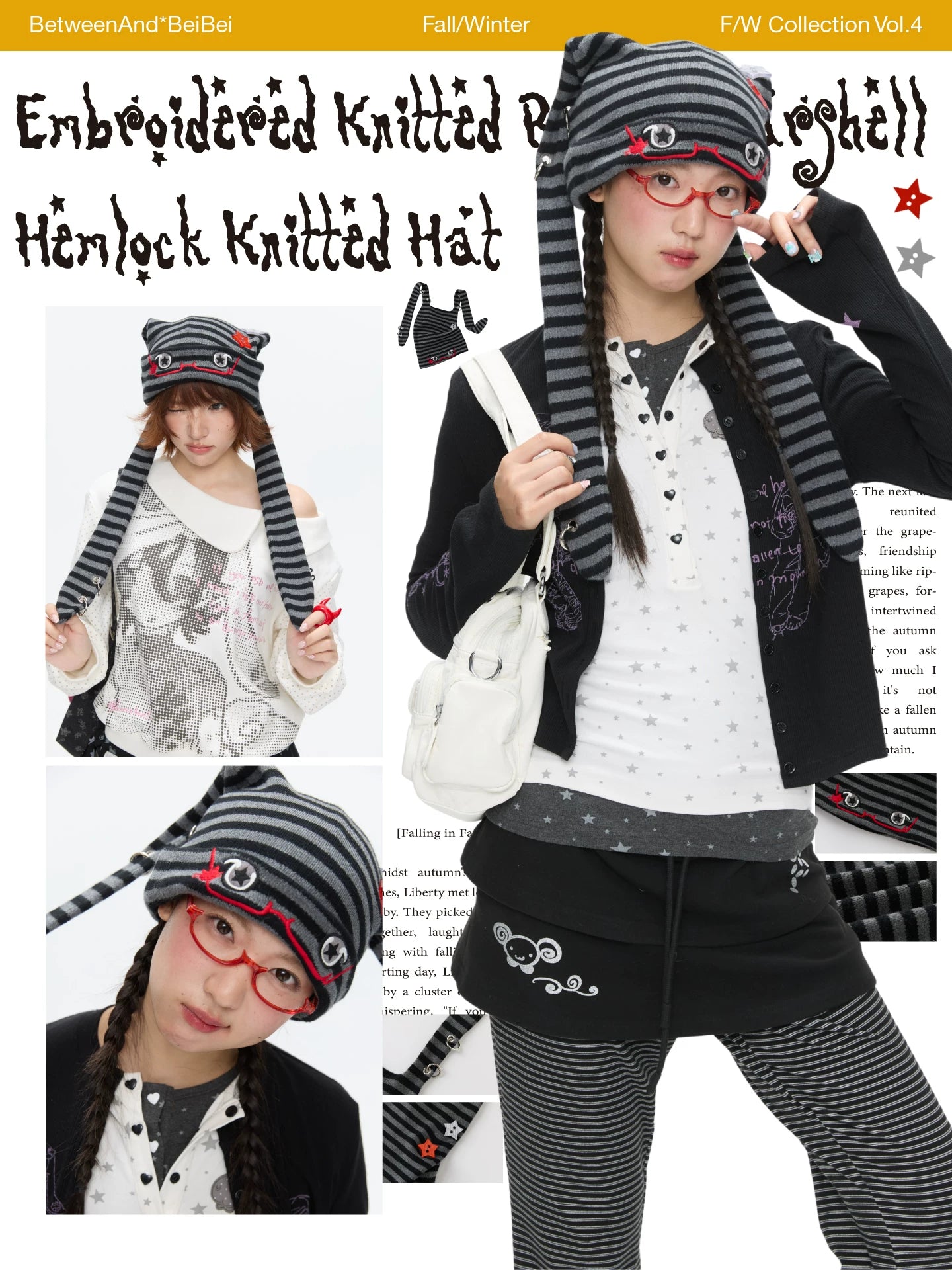 Embroidered knitted rabbit ears beanie hat