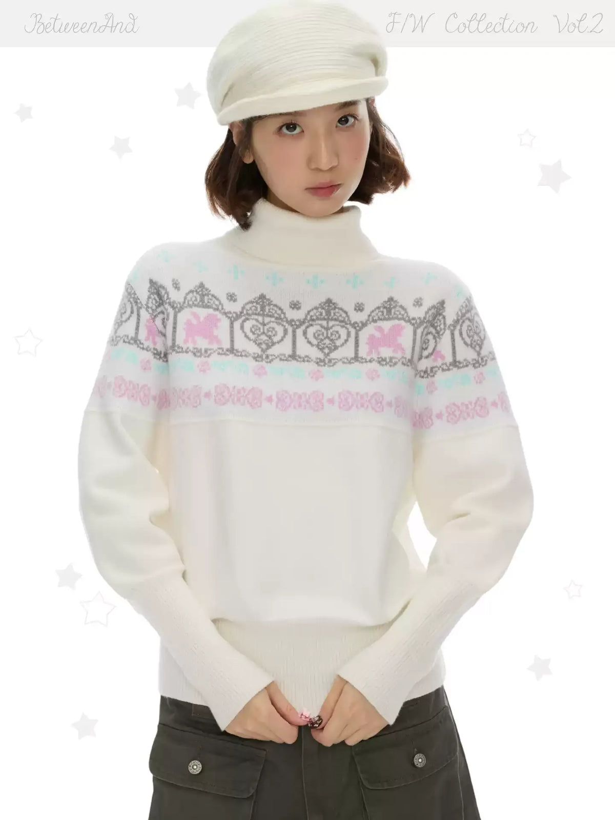 Batwing sleeve knit sweater with floral pattern