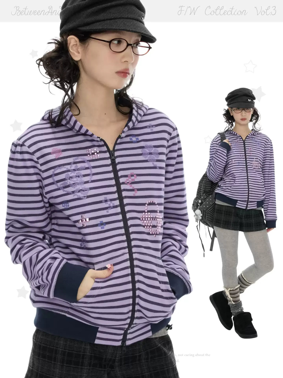 Taro purple striped hooded zip-up y2k sweatshirt