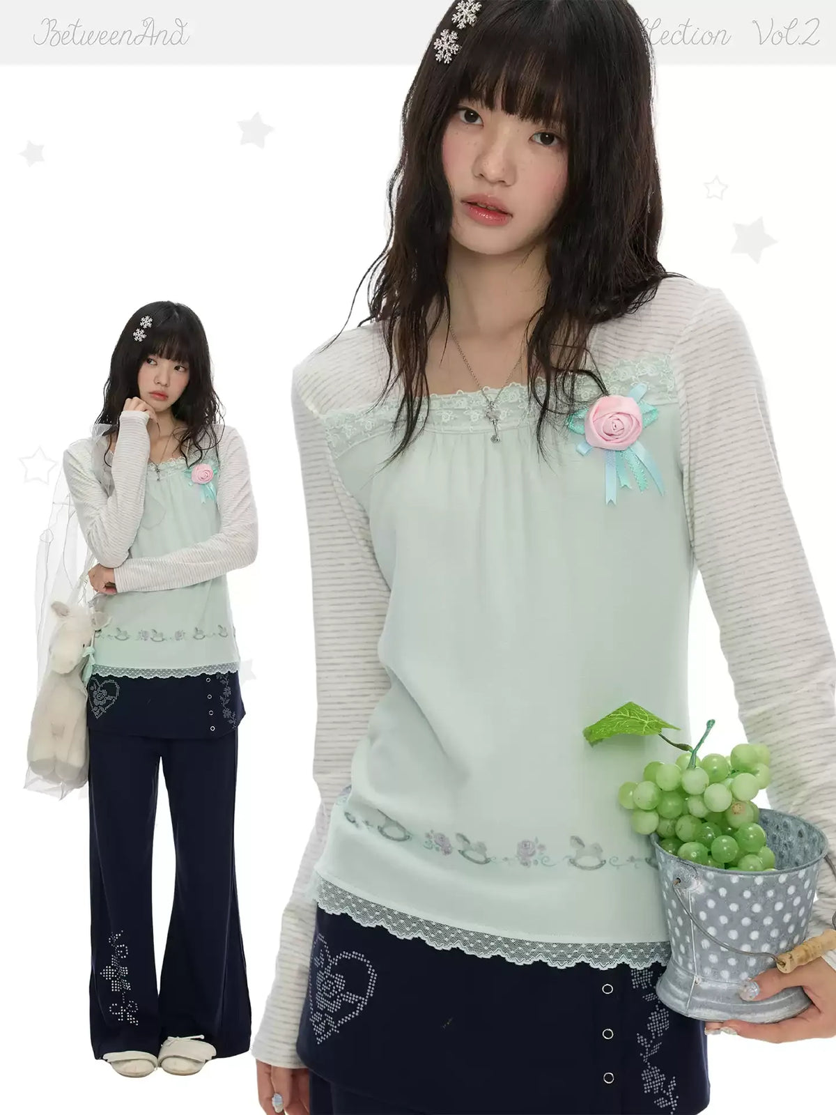 Two-tone striped lace top with square neck and long sleeves