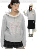 Fairy tale dream winter soft gray knitted hoodie with fur collar