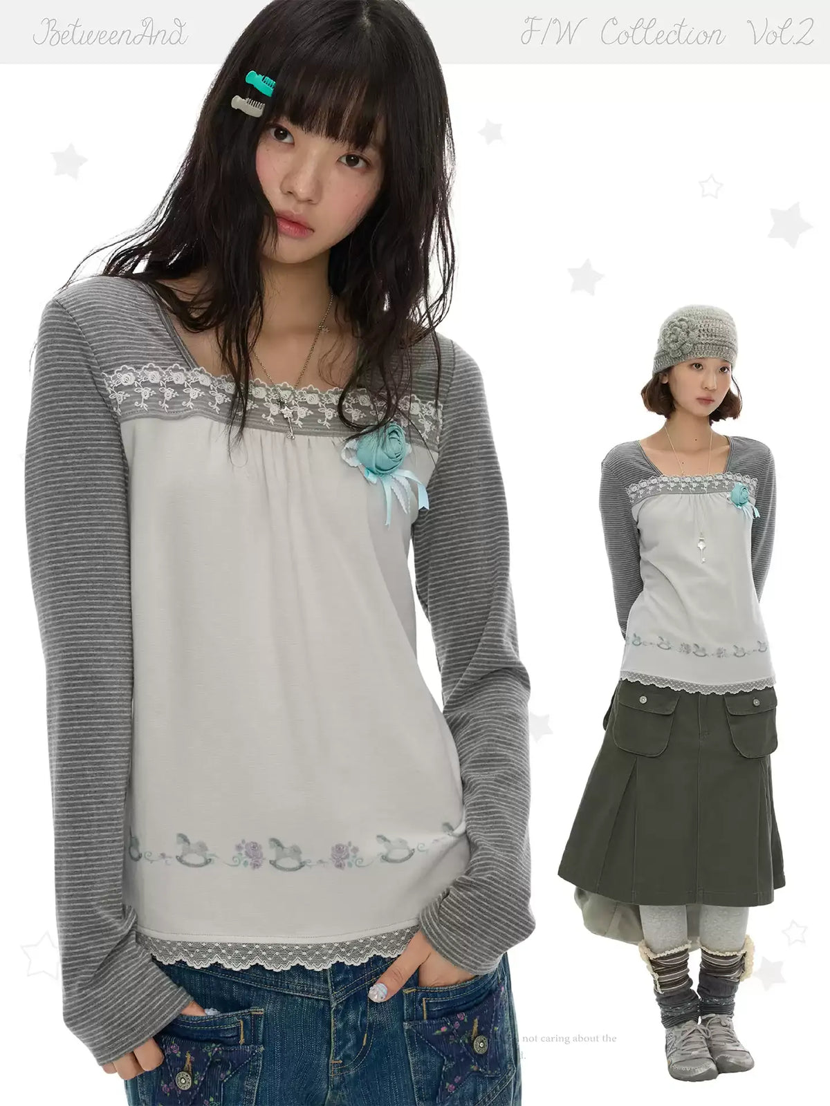 Two-tone striped lace top with square neck and long sleeves