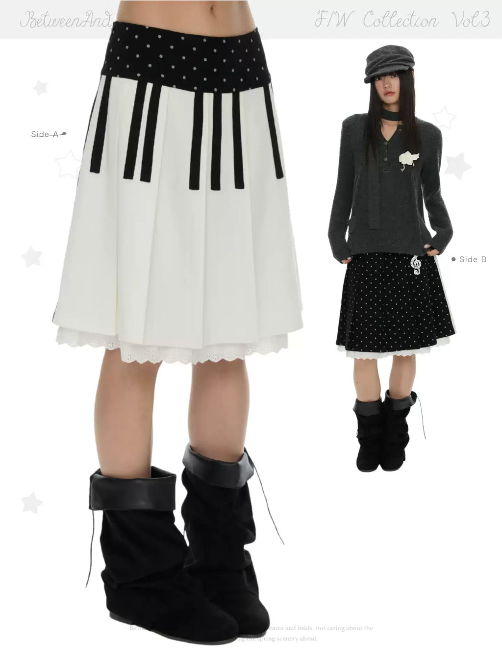 Black and white double sided piano key print pleated skirt