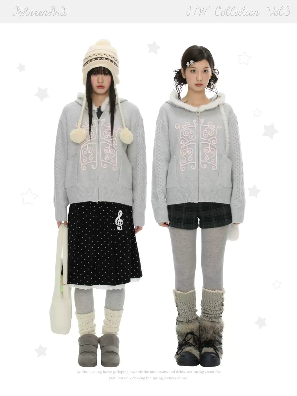 Fairy tale dream winter soft gray knitted hoodie with fur collar