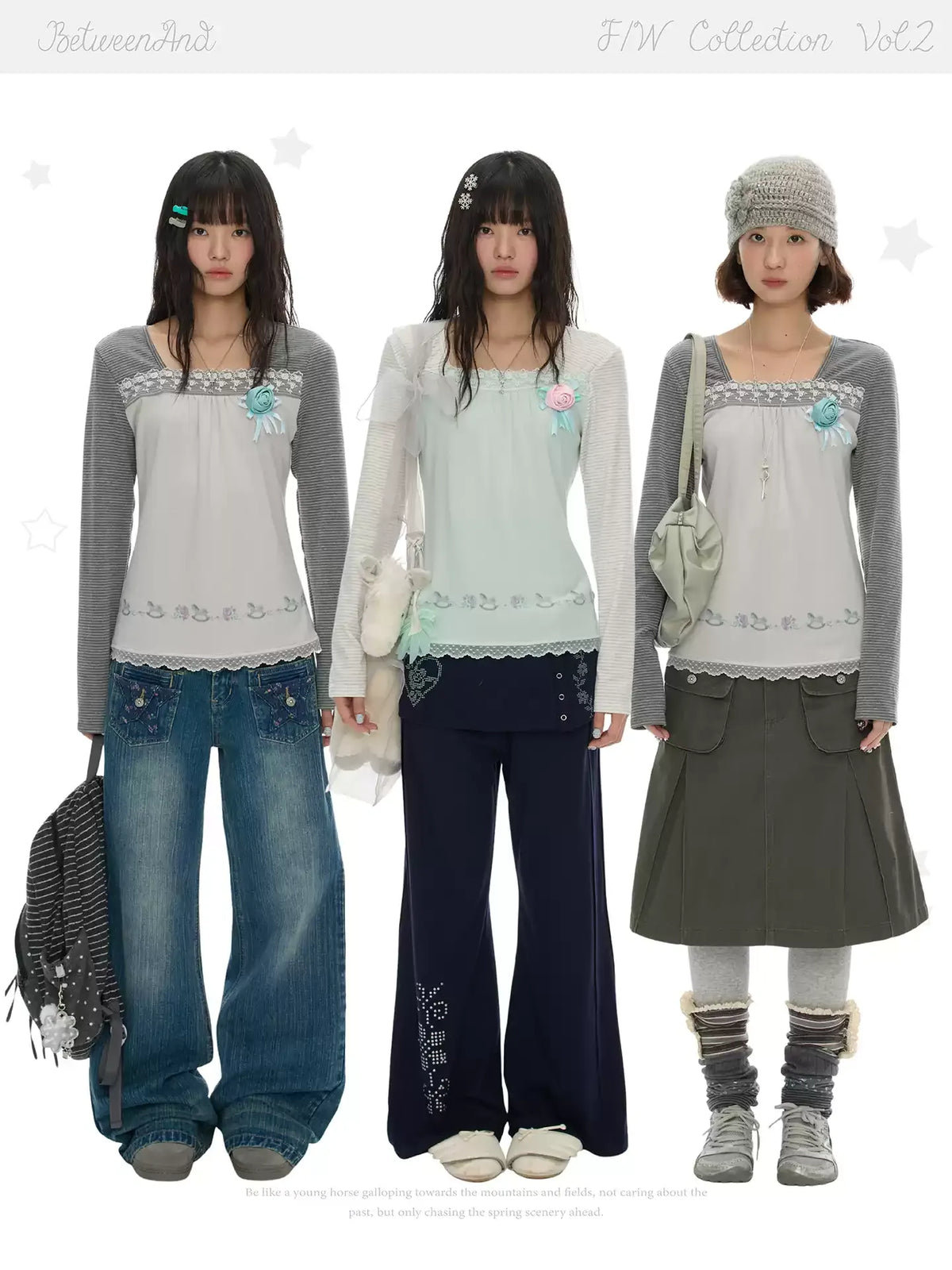 Two-tone striped lace top with square neck and long sleeves