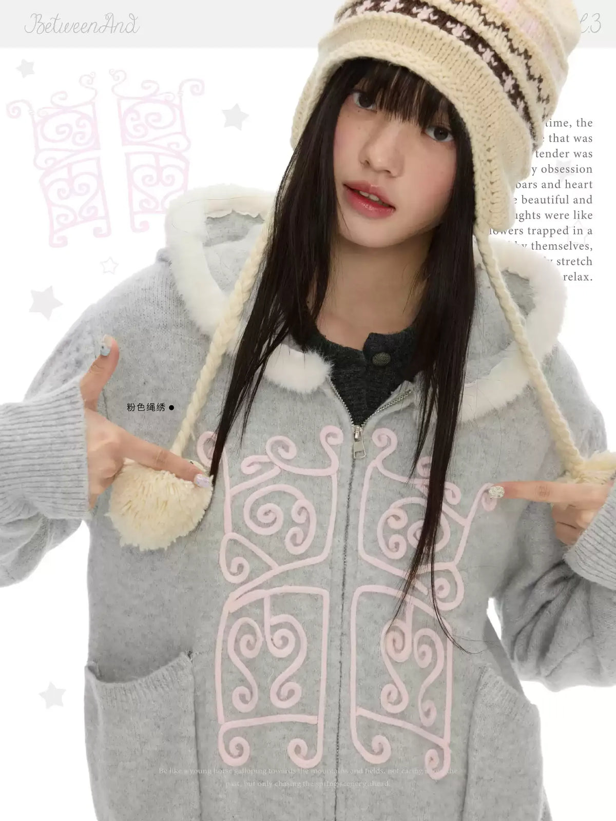 Fairy tale dream winter soft gray knitted hoodie with fur collar