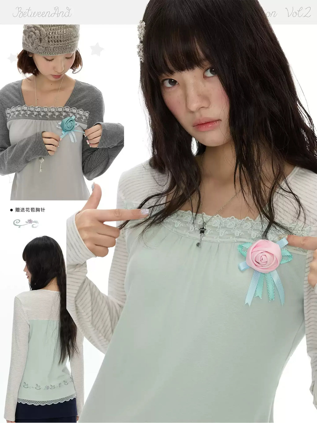 Two-tone striped lace top with square neck and long sleeves
