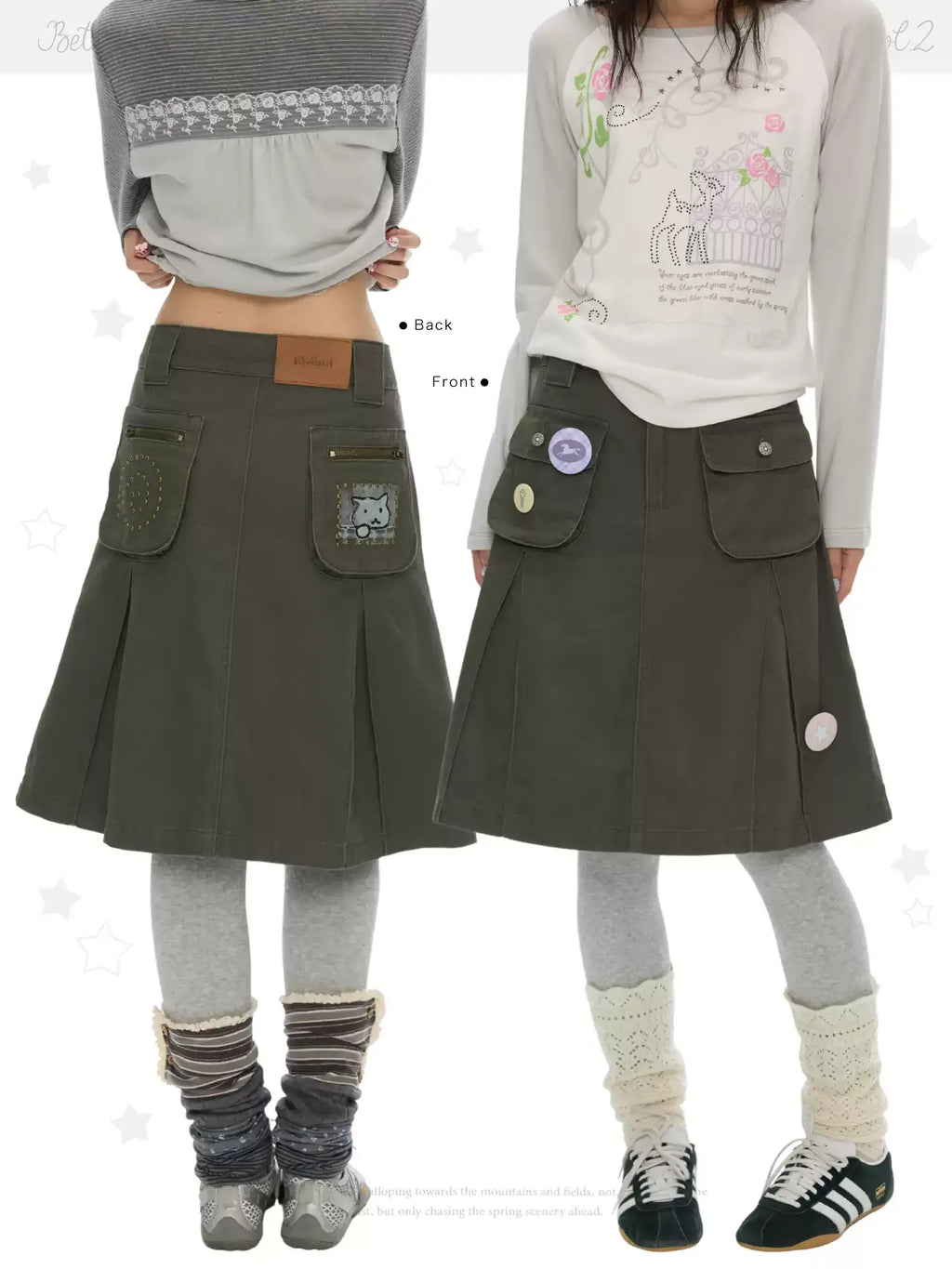Military green pleated a-line skirt