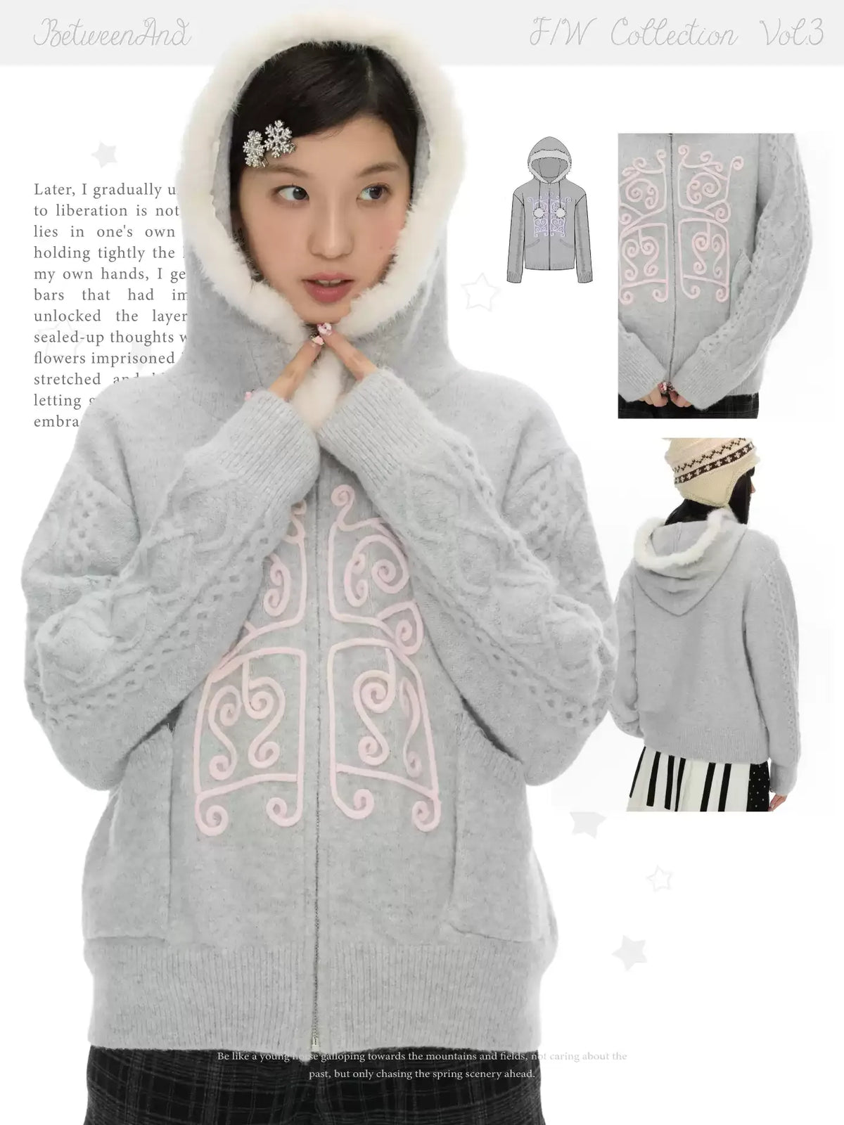 Fairy tale dream winter soft gray knitted hoodie with fur collar
