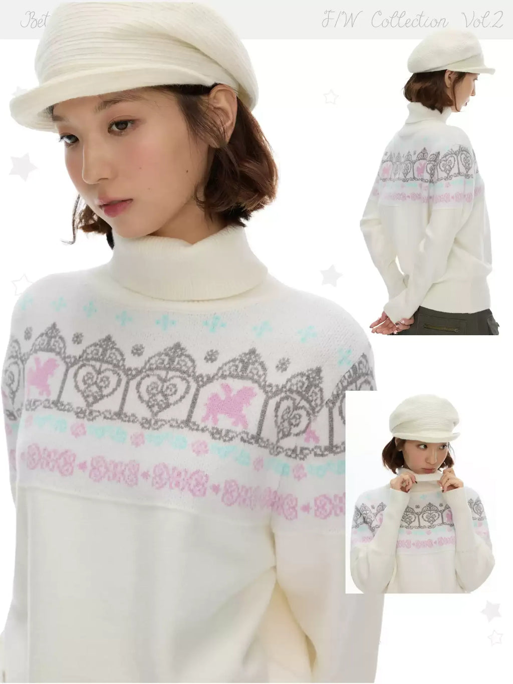 Batwing sleeve knit sweater with floral pattern