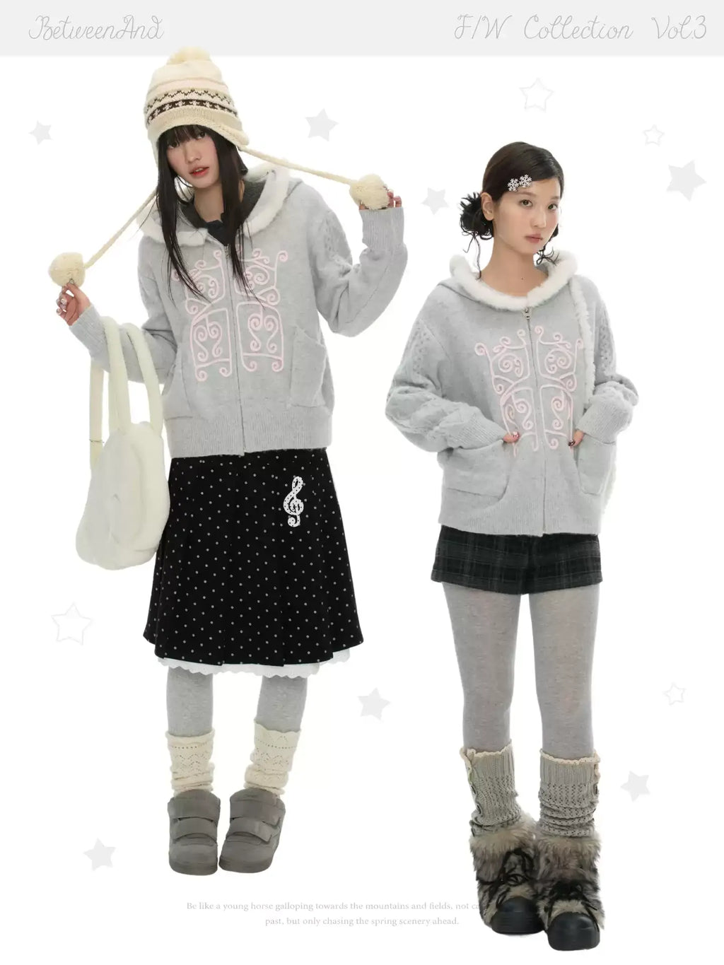 Fairy tale dream winter soft gray knitted hoodie with fur collar