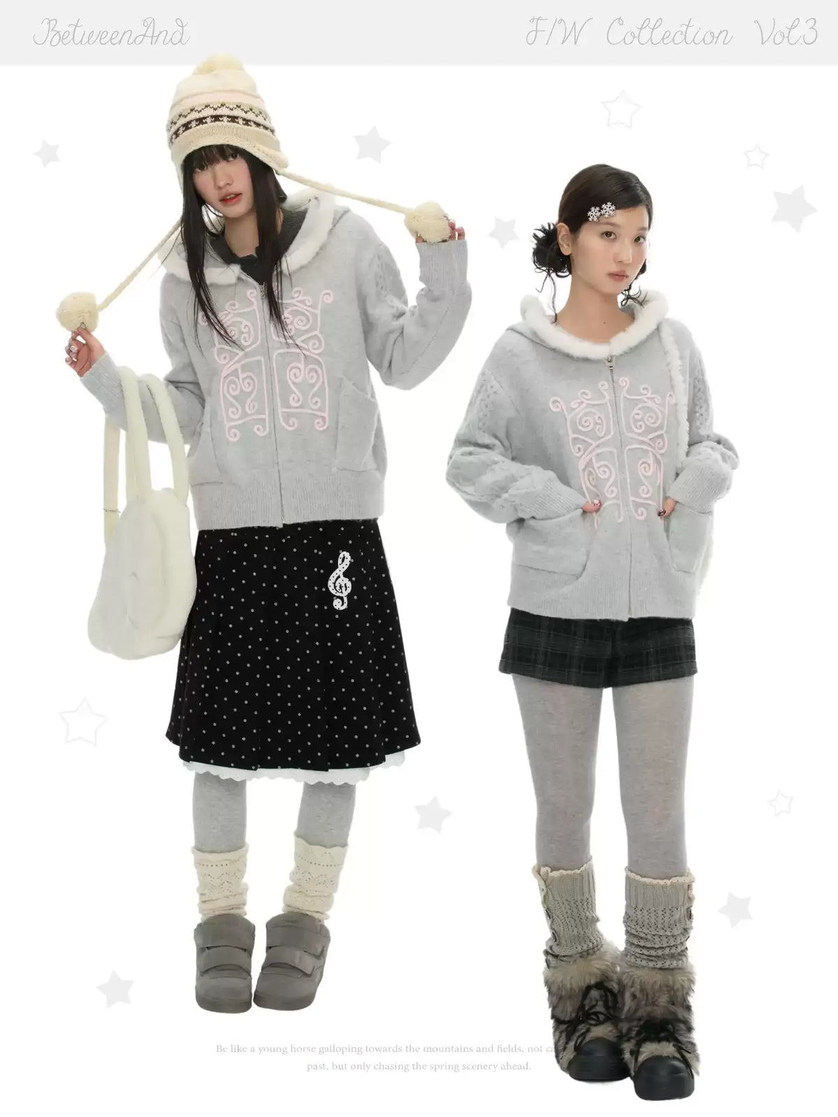 Fairy tale dream winter soft gray knitted hoodie with fur collar