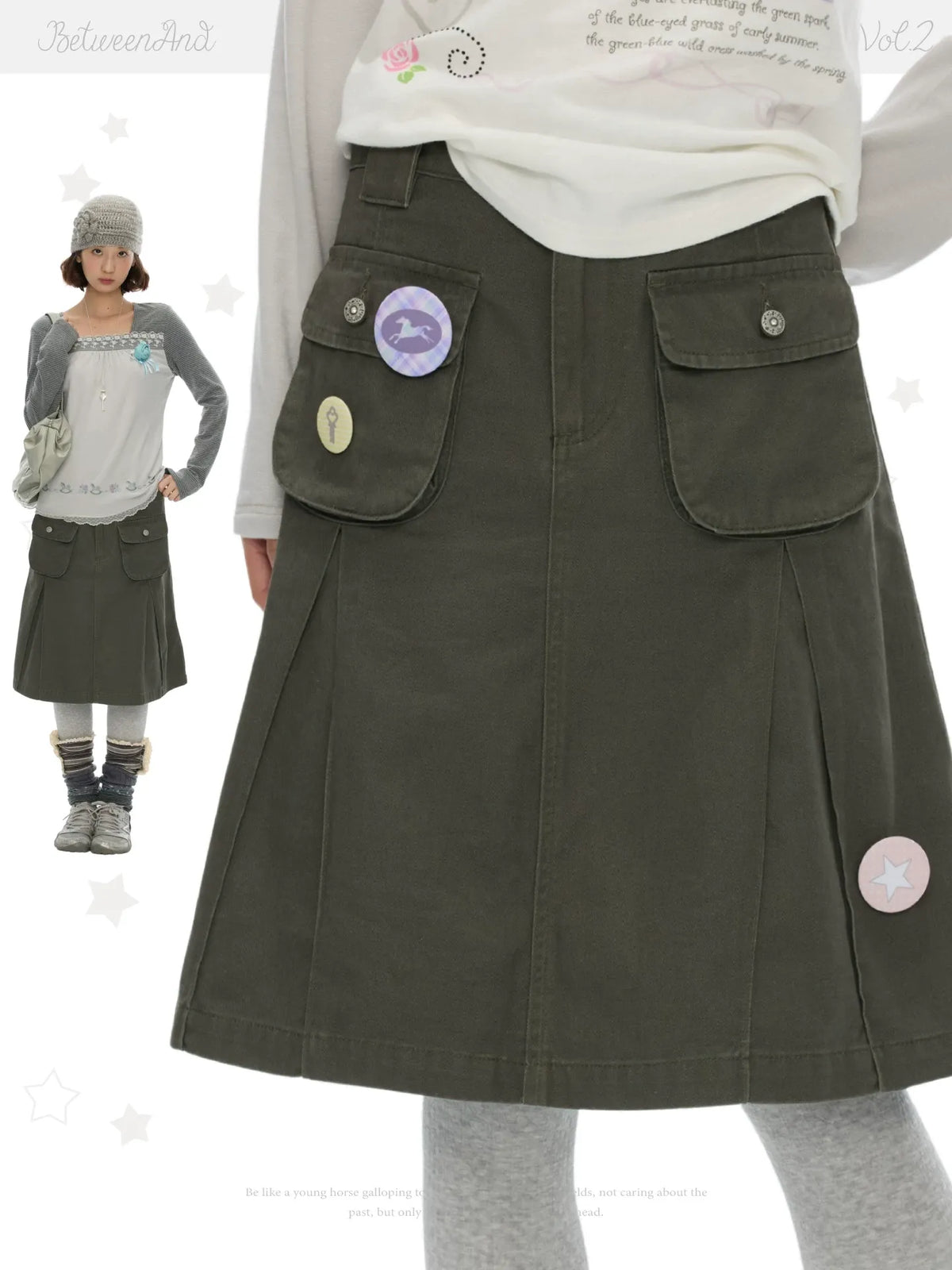 Military green pleated a-line skirt